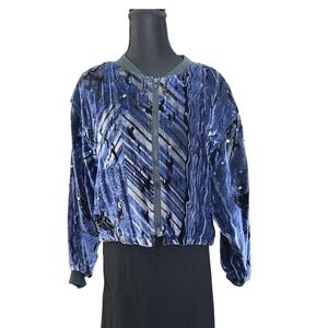 Vintage Blue Burnout Velvet Beaded Cropped Bomber Jacket Womens Small